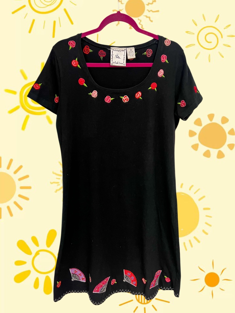 Vintage Michael Simon Lite black dress with embroidered roses and paper fans